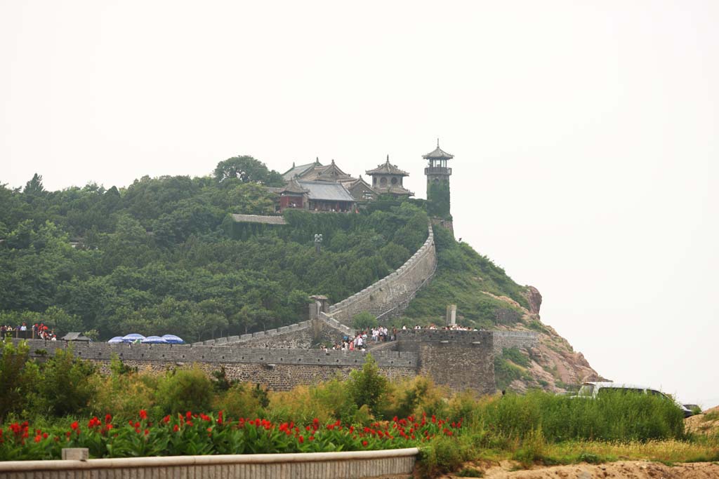 Foto, materieel, vrij, landschap, schilderstuk, bevoorraden foto,Penglai Bedeken met tenten, Kasteel muur, Klif, Verheven gebouw, Bezoekende touristenplaats stip