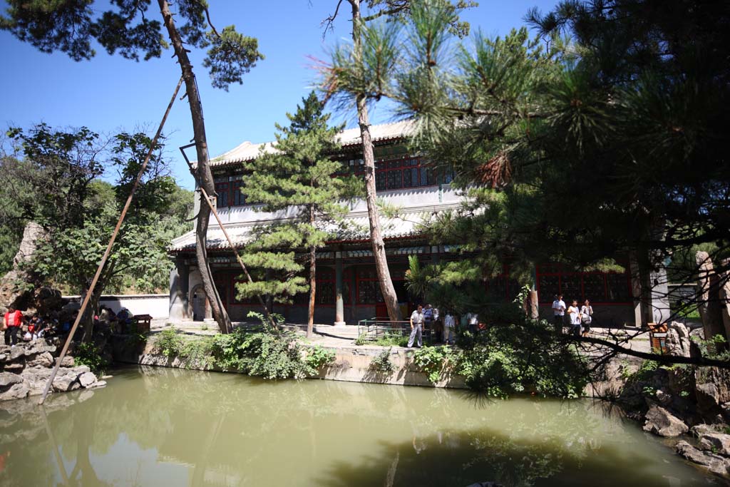 photo,material,free,landscape,picture,stock photo,Creative Commons,Summering mountain cottage WenjinPavilion, pond, Storage of four complete works, pine, Ch'ing