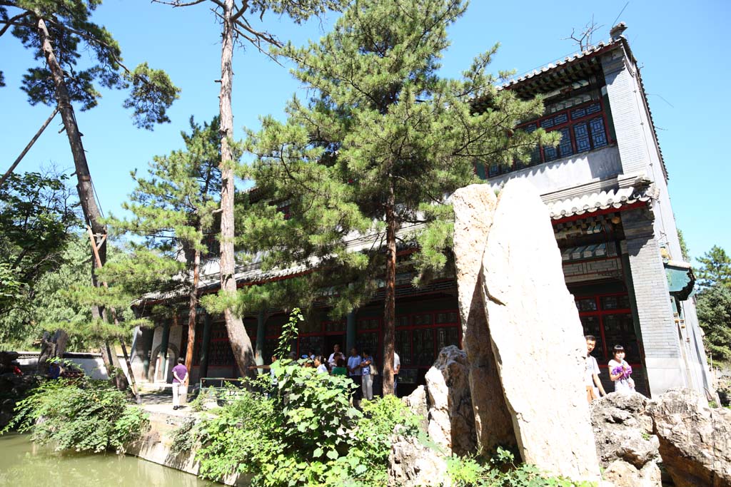 Foto, materiell, befreit, Landschaft, Bild, hat Foto auf Lager,Das bersommern von Gebirgshtte WenjinPavilion, Teich, Lagerung von vier vollstndigen Arbeiten, Kiefer, Ch'ing