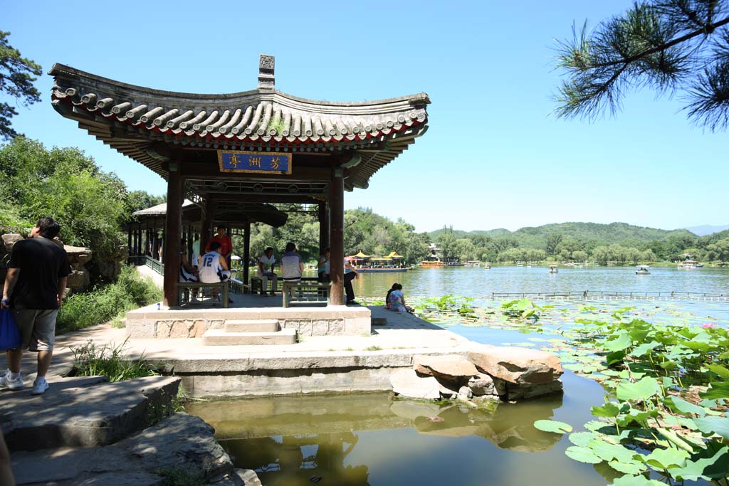 fotografia, materiale, libero il panorama, dipinga, fotografia di scorta,Cottage di montagna che passa l'estate FangZhouPavilion, ponte, loto, barca, Ch'ing