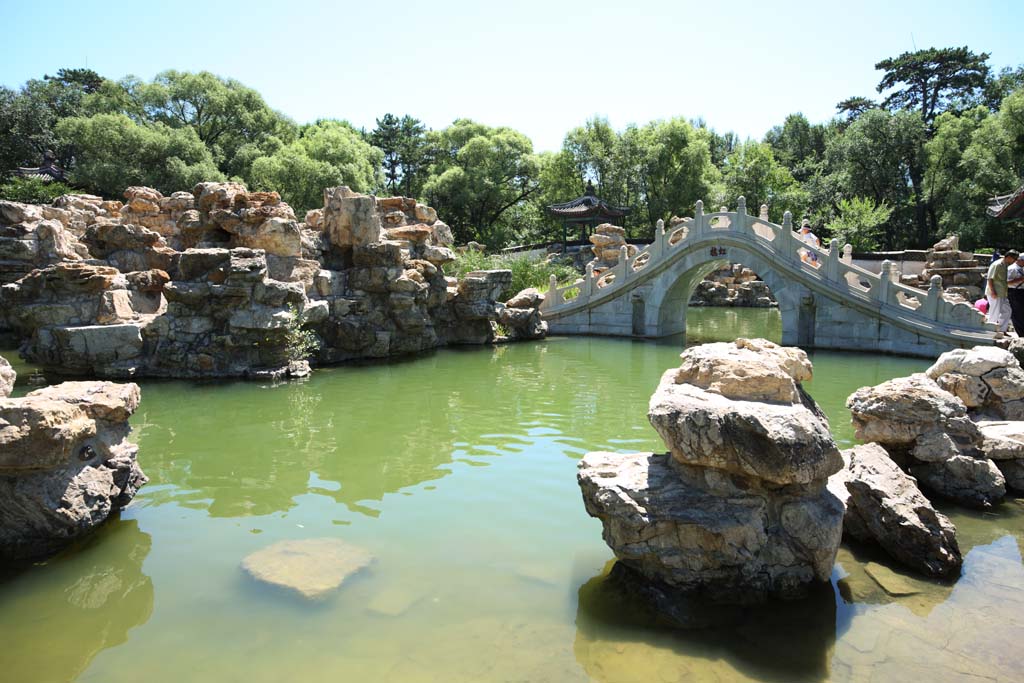 Foto, materiell, befreit, Landschaft, Bild, hat Foto auf Lager,Das bersommern von Gebirgshttenlwenwald, steinigen Sie Brcke, , Tsukiyama, Ch'ing