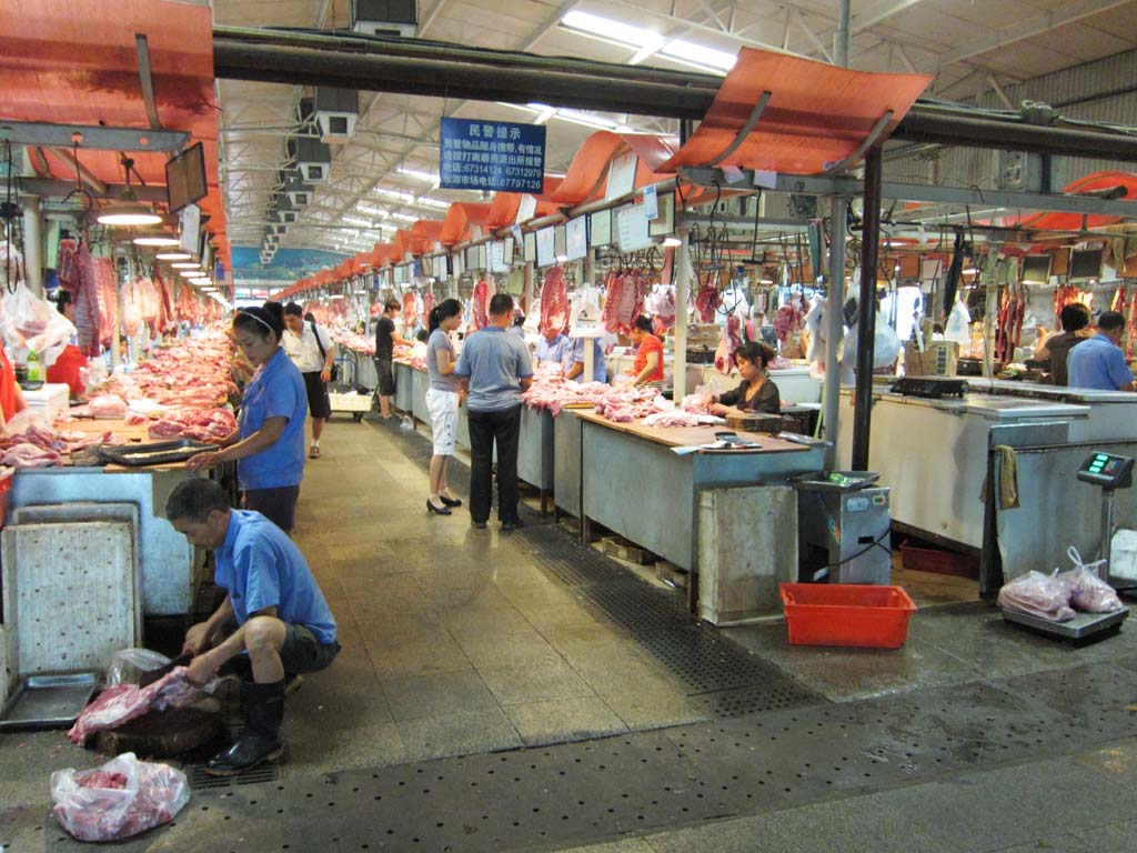 Foto, materiell, befreit, Landschaft, Bild, hat Foto auf Lager,Ein stlicher Randmarkt, Geschft, Markt, Metzgerei, Schweinefleisch