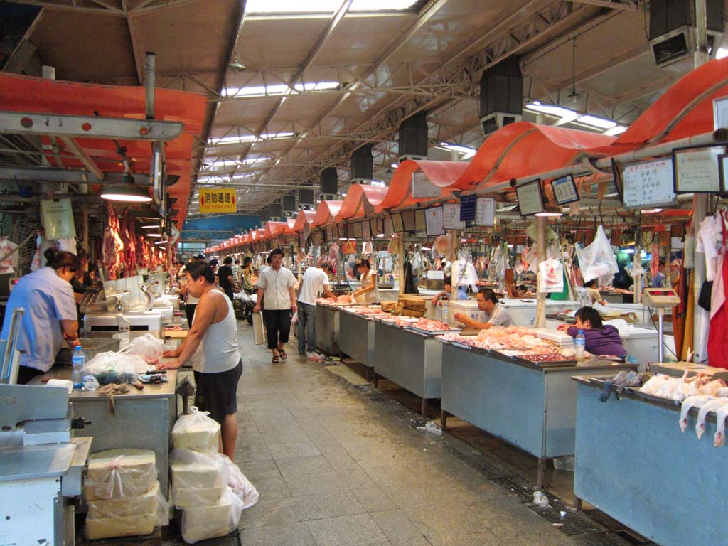 Foto, materiell, befreit, Landschaft, Bild, hat Foto auf Lager,Ein stlicher Randmarkt, Geschft, Markt, Metzgerei, Schweinefleisch