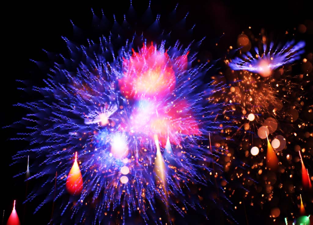 Foto, materiell, befreit, Landschaft, Bild, hat Foto auf Lager,Tama-Fluss Feuerwerk Demonstration, Das Starten von Feuerwerk, natrliche Szene oder Gegenstand, der poetischen Charme der Jahreszeit des Sommers hinzufgt, Signalfeuer, Helligkeit