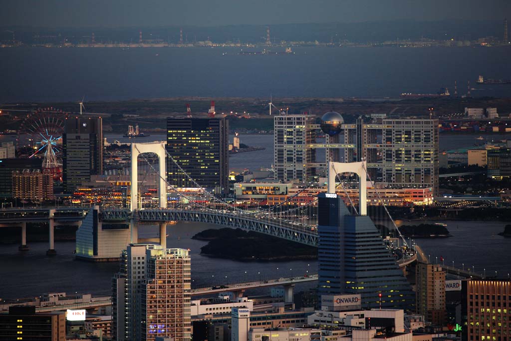 fotografia, material, livra, ajardine, imagine, proveja fotografia,Odaiba, Ponte de arco-ris, Grupo construindo, centro de cidade recentemente desenvolvido, Fuji TELEVISO