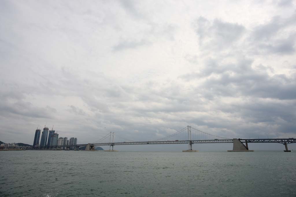 Foto, materiell, befreit, Landschaft, Bild, hat Foto auf Lager,Pusan Guangan-Dorf, Guangan Ohashi, sandiger Strand, Gebude, Das Meer