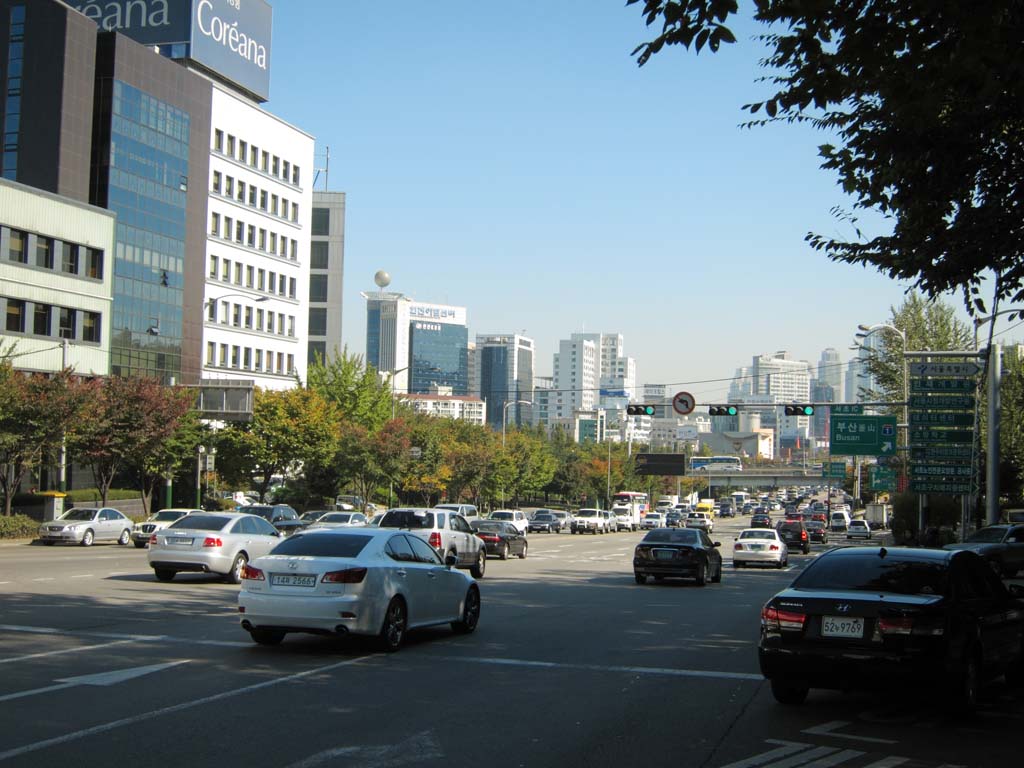 fotografia, materiale, libero il panorama, dipinga, fotografia di scorta,Fila di case lungo una strada urbana di Seoul, costruendo, macchina, modo, Traffico