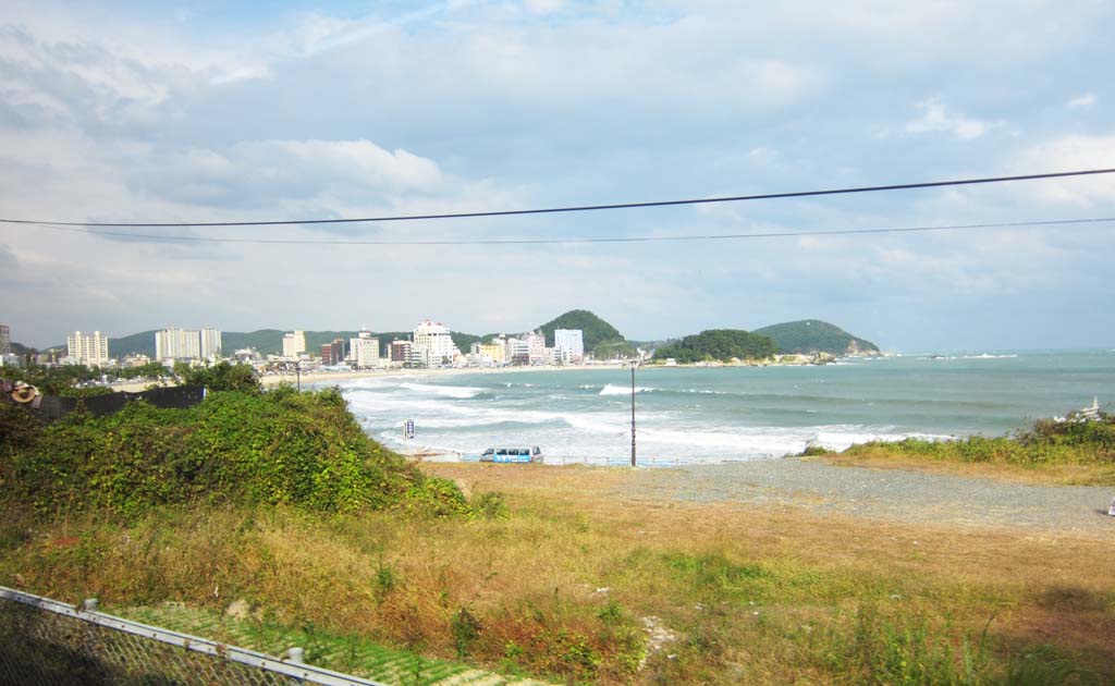 fotografia, materiale, libero il panorama, dipinga, fotografia di scorta,La finestra di macchina, ferrovia, onda, spiaggia sabbiosa, cielo blu