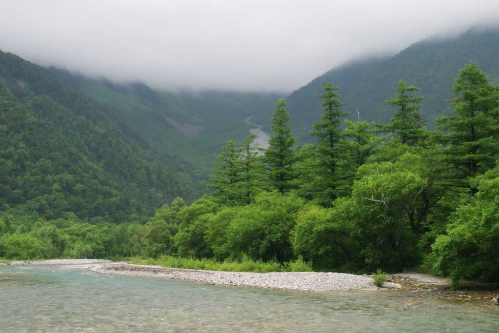 photo, la matire, libre, amnage, dcrivez, photo de la rserve,Mt. Hotaka regardent de la Rivire Azusa, rivire, arbre, eau, montagne