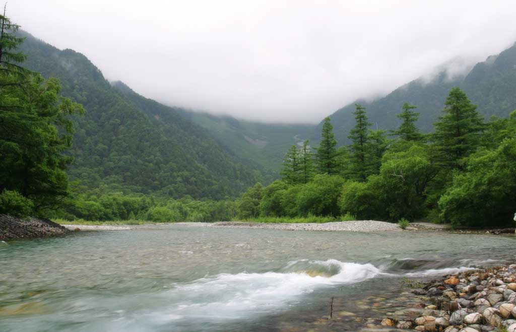 fotografia, material, livra, ajardine, imagine, proveja fotografia,Mt. Hotaka vem do Rio de Azusa, rio, rvore, gua, montanha