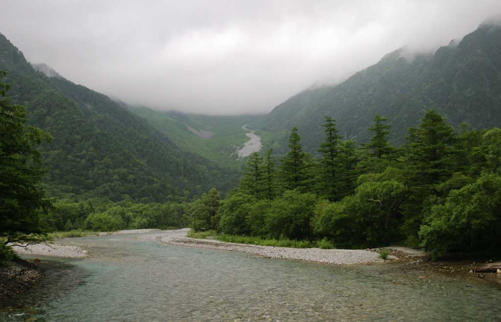 photo, la matire, libre, amnage, dcrivez, photo de la rserve,Mt. Hotaka regardent de la Rivire Azusa, rivire, arbre, eau, montagne