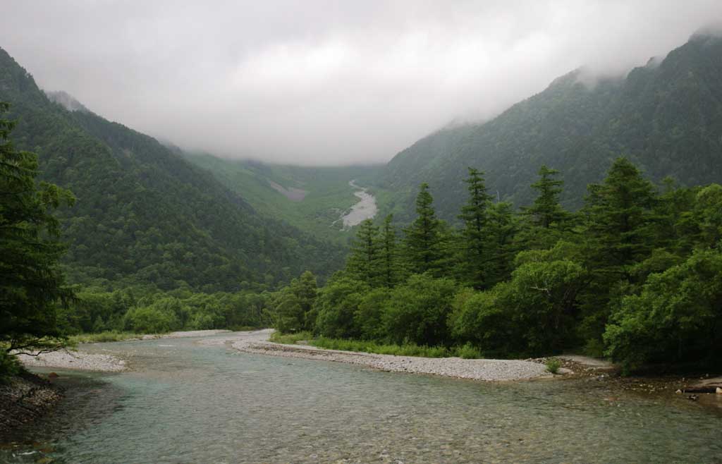 Foto, materieel, vrij, landschap, schilderstuk, bevoorraden foto,Mt. Hotaka bezichtiging van de Azusa River, Rivier, Boom, Water, Berg