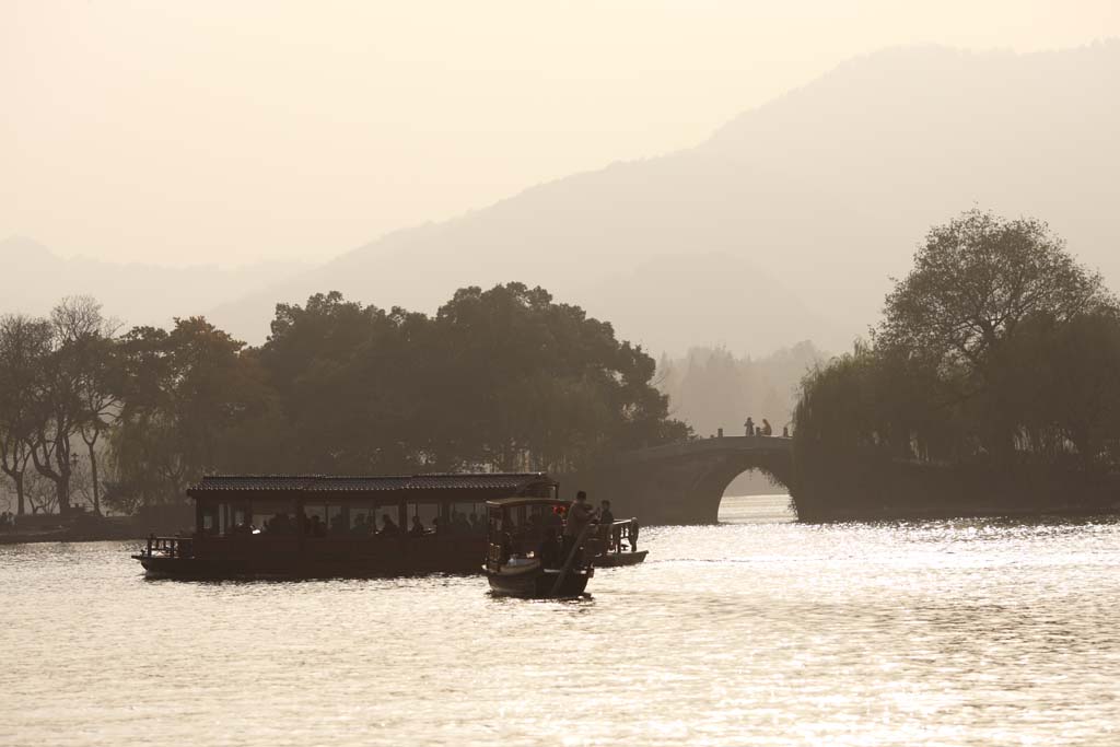 Foto, materiell, befreit, Landschaft, Bild, hat Foto auf Lager,Xi-hu-See, Schiff, Saiko, Silhouette, ridgeline