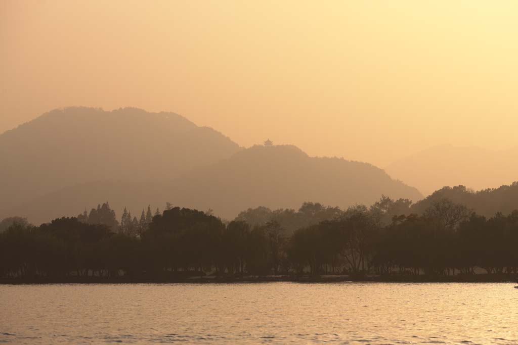 Foto, materieel, vrij, landschap, schilderstuk, bevoorraden foto,Xi-hu plas, Bij donker, Verrijzenis bank, Silhouette, Chinees gebouw