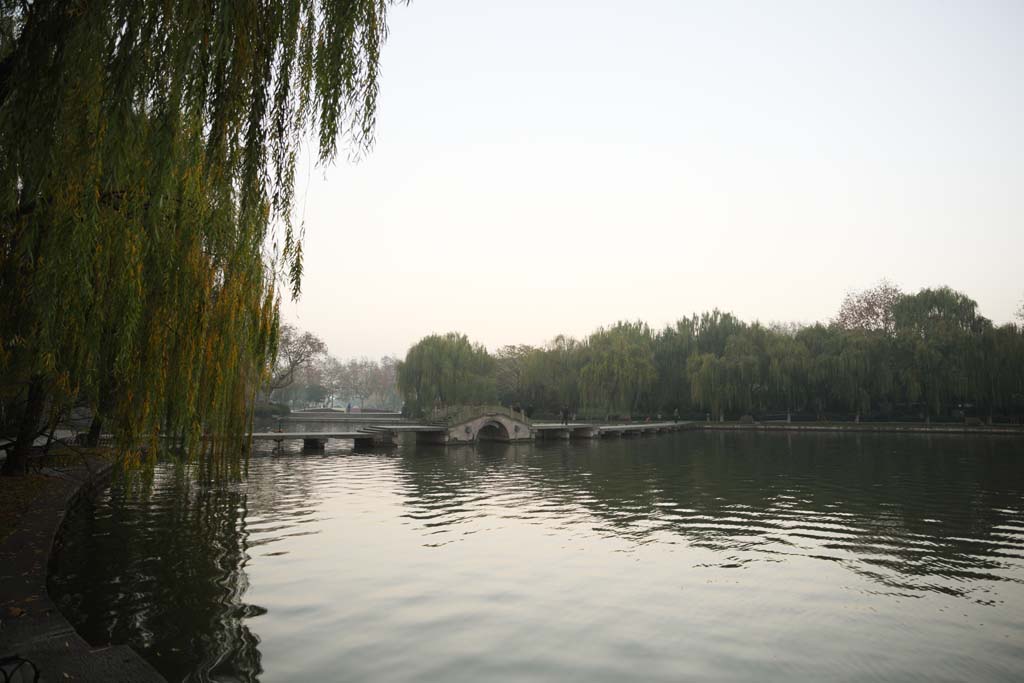 Foto, materieel, vrij, landschap, schilderstuk, bevoorraden foto,Xi-hu plas, Brug, Saiko, Wilg, 