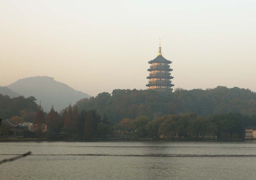 fotografia, material, livra, ajardine, imagine, proveja fotografia,Xi-hu lago, torre de cume de trovo, Saiko, superfcie de um lago, 