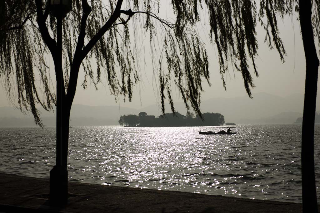 Foto, materieel, vrij, landschap, schilderstuk, bevoorraden foto,Xi-hu plas, Een eiland, Silhouette, Vlak van een plas, Schip