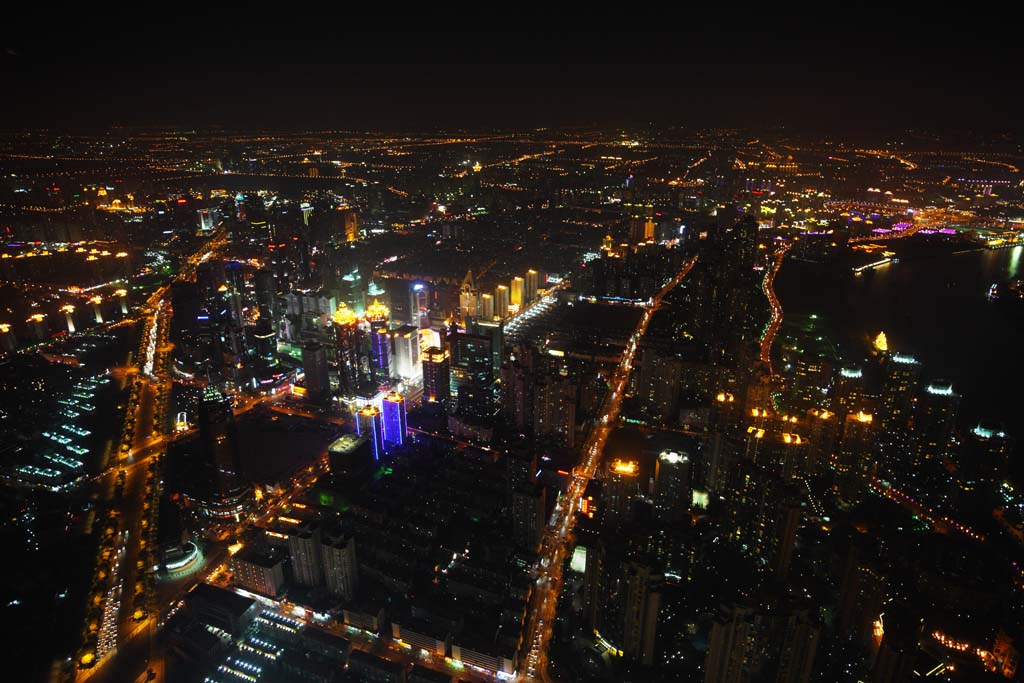 photo, la matire, libre, amnage, dcrivez, photo de la rserve,Une vue de la nuit de Shanga, vue superbe, Je l'claire, clairage public, gratte-ciel