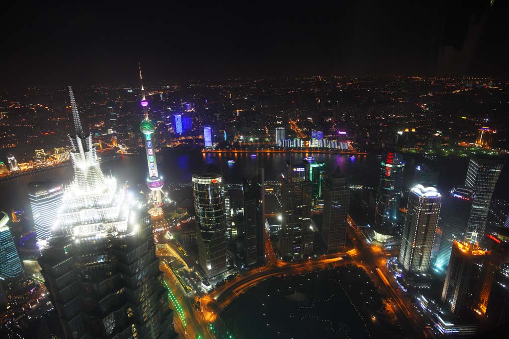 foto,tela,gratis,paisaje,fotografa,idea,Una vista de noche de Shangai, Vista excelente, Lo enciendo, Tren de pelota de luz de este de reloj; una torre, Rascacielos