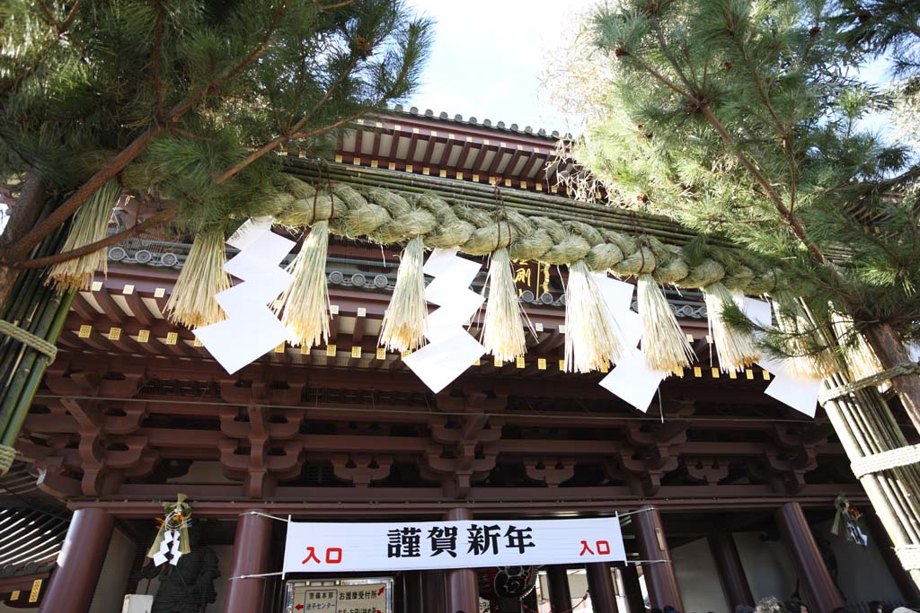 Foto, materieel, vrij, landschap, schilderstuk, bevoorraden foto,De Kawasakidaishi Daisen poort, Nieuw bezoek van Jaar naar een Shinto heiligdom, Worshiper, Grote congestie, Benadering van een heiligdom