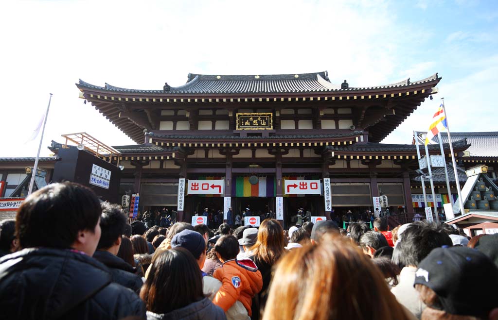 photo, la matire, libre, amnage, dcrivez, photo de la rserve,Kawasakidaishi Omoto temple, La visite de nouvelle anne  un temple shintoste, adorateur, Grand embouteillage, La crte du modle du chrysanthme