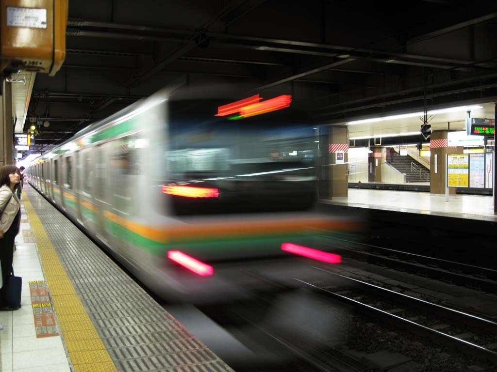 Foto, materieel, vrij, landschap, schilderstuk, bevoorraden foto,Jo-doen in de ban Lijn, Platform, Sluitlamp, Ueno lijnen, Spoorweg