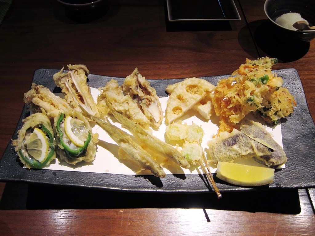 photo,material,free,landscape,picture,stock photo,Creative Commons,Tempura, Japanese food, lotus root, Grifola frondosa, vegetables and shrimps bits coated with batter and deep fried