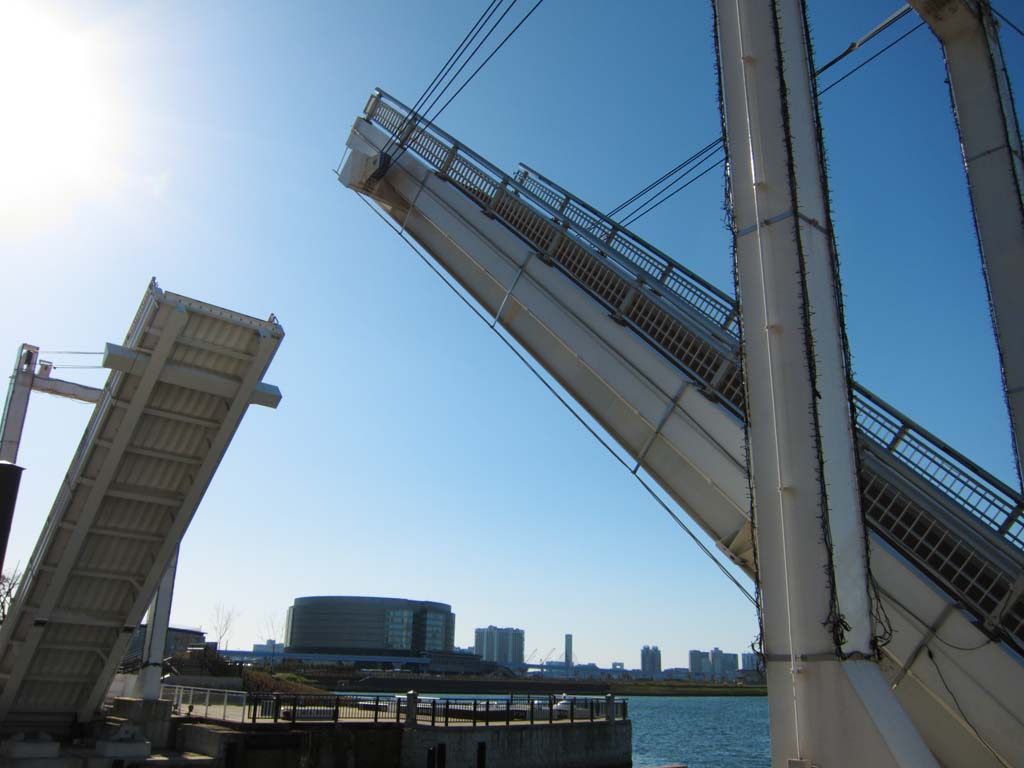 fotografia, materiale, libero il panorama, dipinga, fotografia di scorta,Un bascule fa un ponte su, ponte, ponte movibile, cielo blu, Io apro