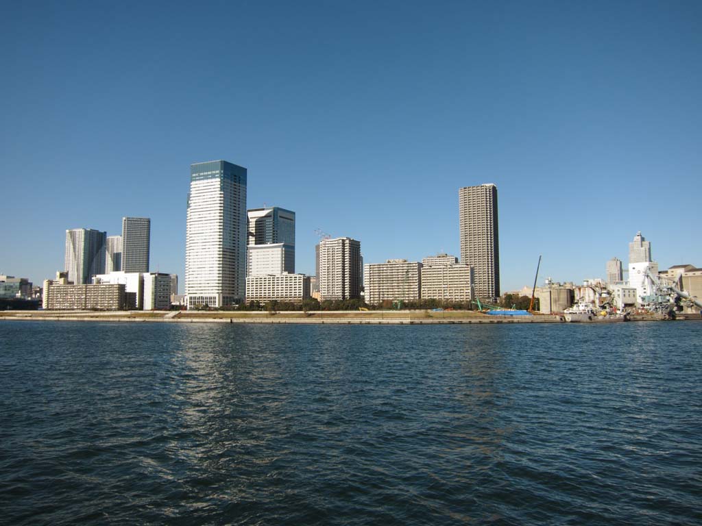 Foto, materieel, vrij, landschap, schilderstuk, bevoorraden foto,De kustlijn van Toyosu, Schip, Brug, Kraan, Hoog appartement