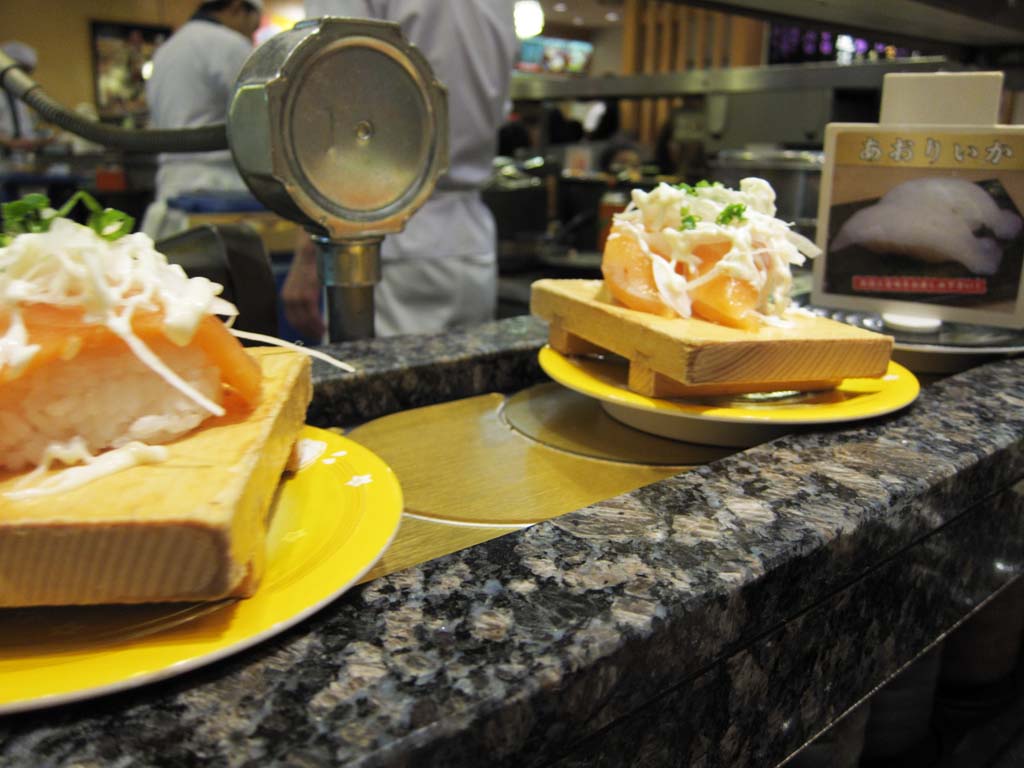 photo,material,free,landscape,picture,stock photo,Creative Commons,Belt-conveyor sushi, Sushi, salmon, leek, Finger sushi