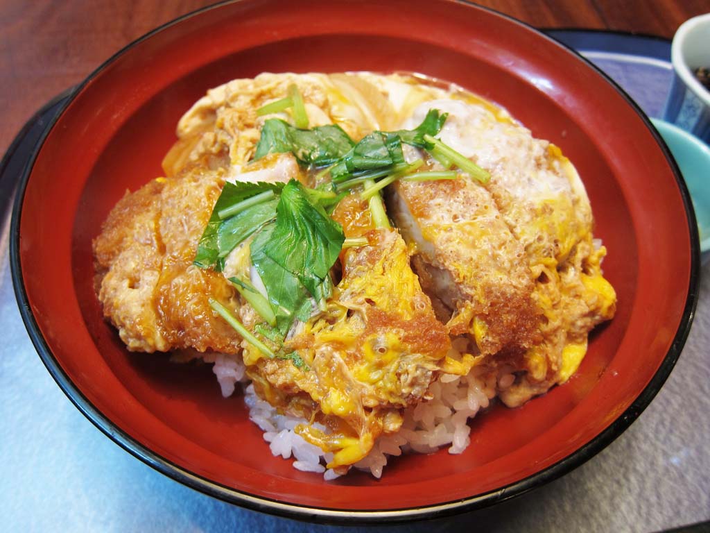 fotografia, material, livra, ajardine, imagine, proveja fotografia,Uma costeleta de carne de porco serviu em cima de uma tigela de arroz, Comida japonesa, costeleta de carne de porco frita, tigela, Honewort