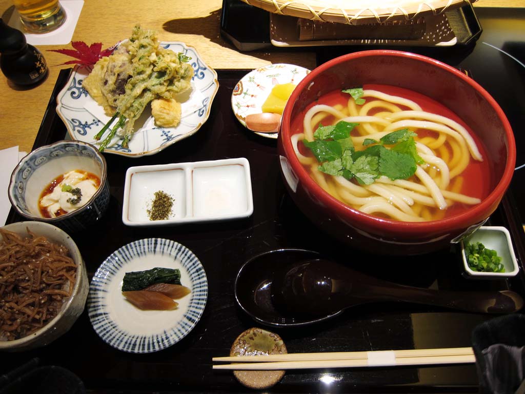 Foto, materiell, befreit, Landschaft, Bild, hat Foto auf Lager,Ein udon setzte sich Mahlzeit, Japanisches Essen, Tempura, Reis, Getrockneter Bohnenquark