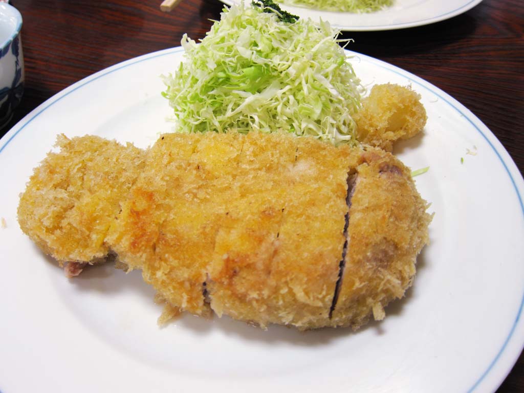 fotografia, materiale, libero il panorama, dipinga, fotografia di scorta,Una costoletta di carne di maiale fritta, Carne di maiale, Cibo fritto in olio, cavolo cappuccio, costoletta