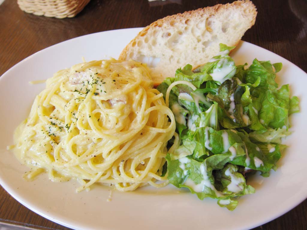 Foto, materieel, vrij, landschap, schilderstuk, bevoorraden foto,Een pasta bord, Pasta, Carbonara, Emmer, Salade