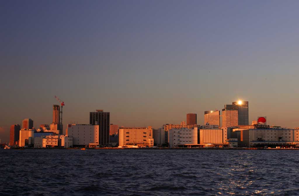 fotografia, materiale, libero il panorama, dipinga, fotografia di scorta,Area di Baia di Tokio cinabro, costruendo, mare, crepuscolo di sera, sole che mette