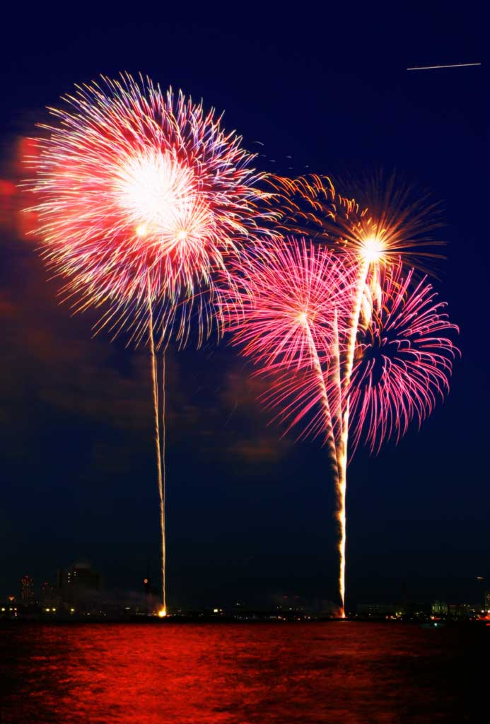 Foto, materieel, vrij, landschap, schilderstuk, bevoorraden foto,Tokio Bay Great Fireworks, Hoogstandje, Avond, Startschot, Een-voet hoogstandje bal