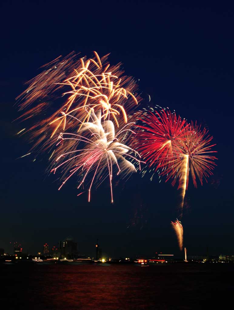 Foto, materieel, vrij, landschap, schilderstuk, bevoorraden foto,Tokio Bay Great Fireworks, Hoogstandje, Avond, Startschot, Een-voet hoogstandje bal