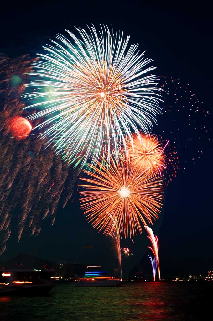 fotografia, materiale, libero il panorama, dipinga, fotografia di scorta,Baia di Tokio il grande fuochi artificiali, fuoco d'artificio, notte, lancio, uno-piede palla di fuoco d'artificio