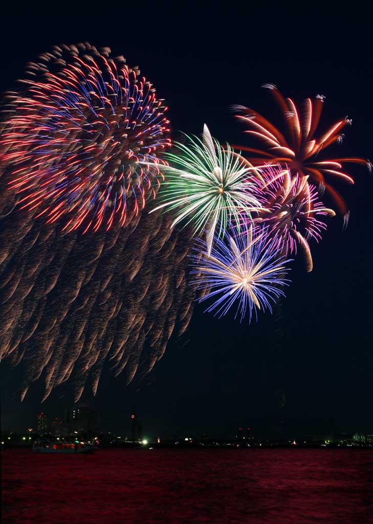 fotografia, materiale, libero il panorama, dipinga, fotografia di scorta,Baia di Tokio il grande fuochi artificiali, fuoco d'artificio, notte, lancio, uno-piede palla di fuoco d'artificio