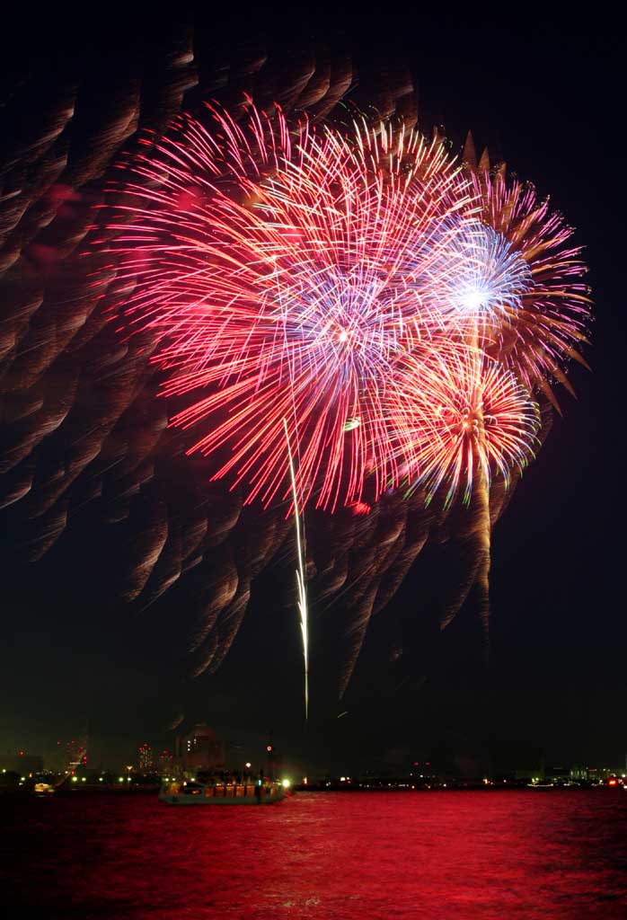 Foto, materieel, vrij, landschap, schilderstuk, bevoorraden foto,Tokio Bay Great Fireworks, Hoogstandje, Avond, Startschot, Een-voet hoogstandje bal