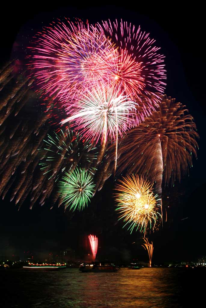 fotografia, materiale, libero il panorama, dipinga, fotografia di scorta,Baia di Tokio il grande fuochi artificiali, fuoco d'artificio, notte, lancio, uno-piede palla di fuoco d'artificio