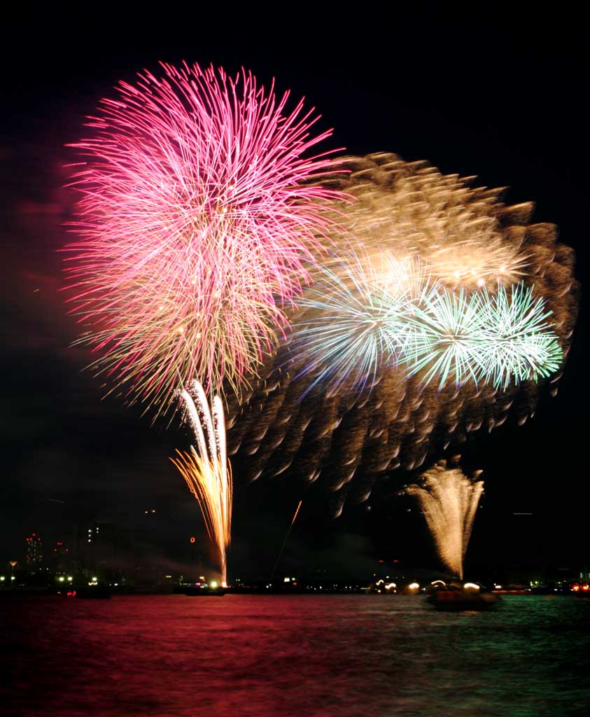 Foto, materieel, vrij, landschap, schilderstuk, bevoorraden foto,Tokio Bay Great Fireworks, Hoogstandje, Avond, Startschot, Een-voet hoogstandje bal