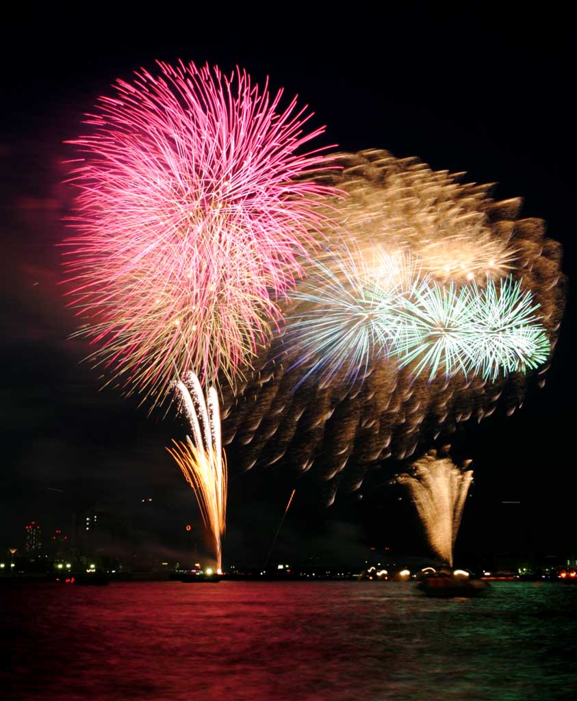 fotografia, materiale, libero il panorama, dipinga, fotografia di scorta,Baia di Tokio il grande fuochi artificiali, fuoco d'artificio, notte, lancio, uno-piede palla di fuoco d'artificio