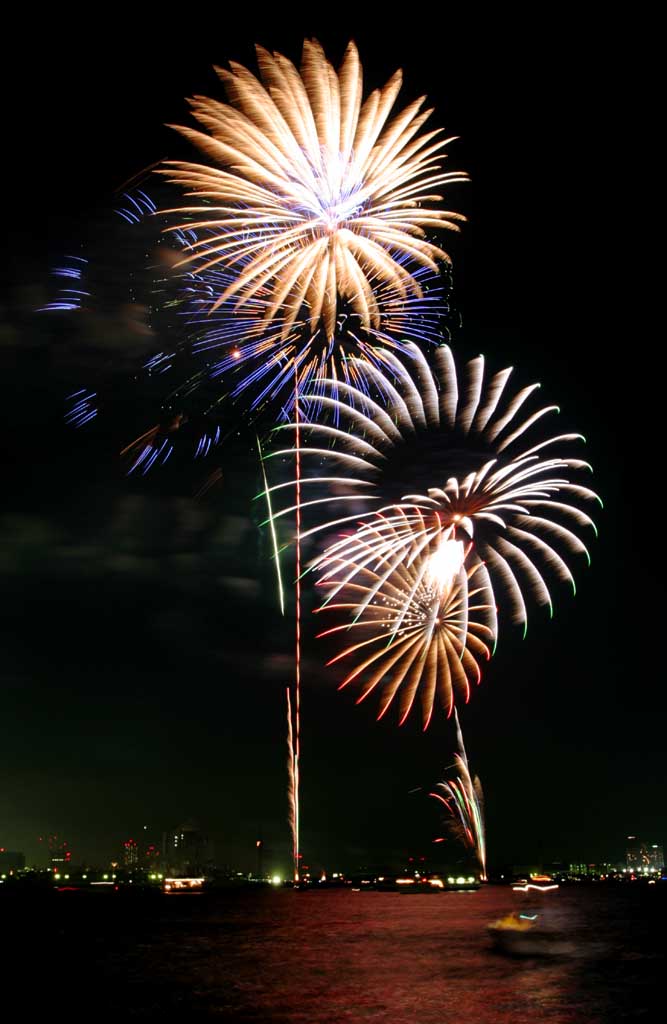 Foto, materieel, vrij, landschap, schilderstuk, bevoorraden foto,Tokio Bay Great Fireworks, Hoogstandje, Avond, Startschot, Een-voet hoogstandje bal