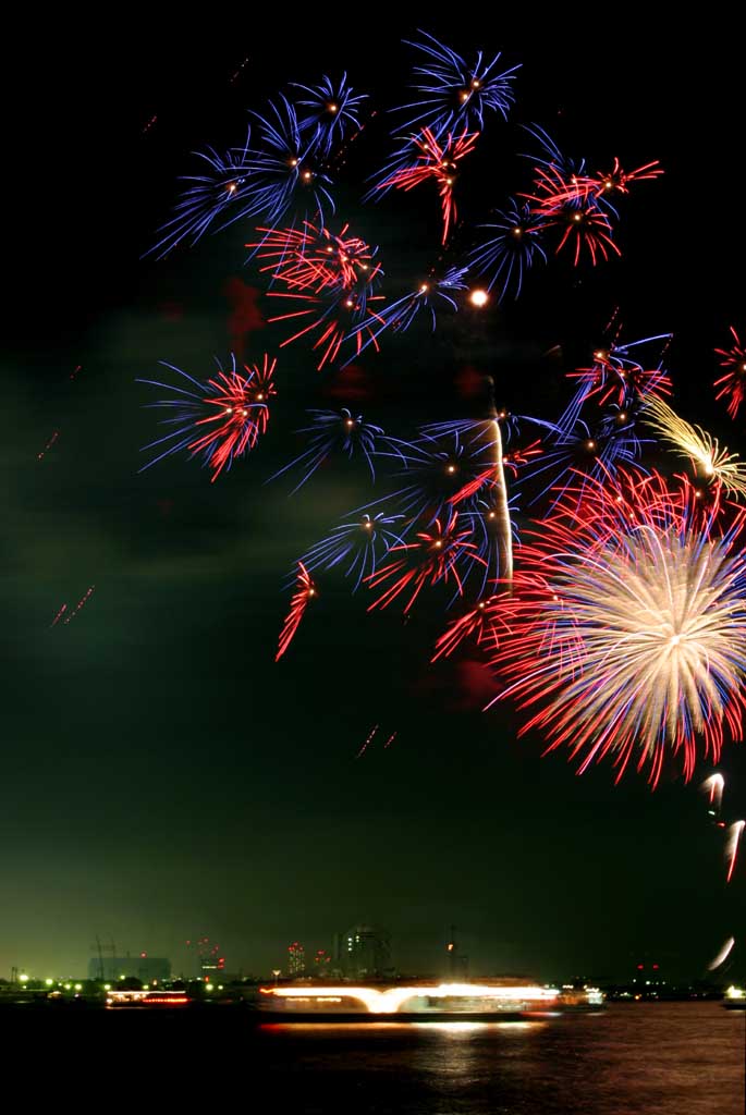 fotografia, materiale, libero il panorama, dipinga, fotografia di scorta,Baia di Tokio il grande fuochi artificiali, fuoco d'artificio, notte, lancio, uno-piede palla di fuoco d'artificio