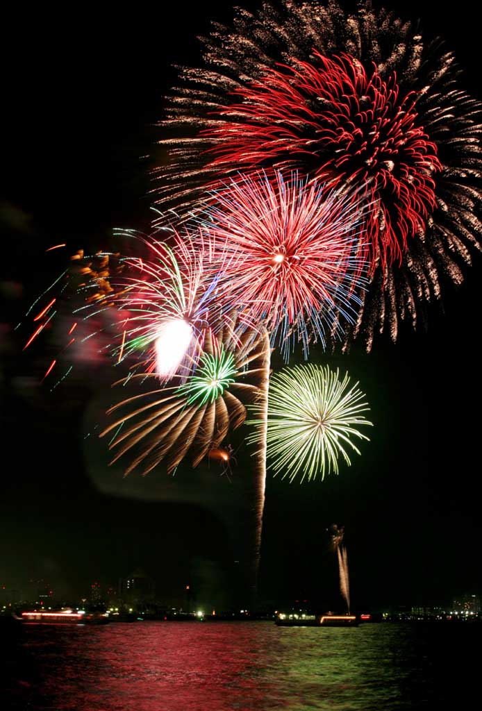 Foto, materiell, befreit, Landschaft, Bild, hat Foto auf Lager,Tokyo Bucht groartiges Feuerwerk, Feuerwerk, Nacht, Abschuss, Ein-Fufeuerwerkball