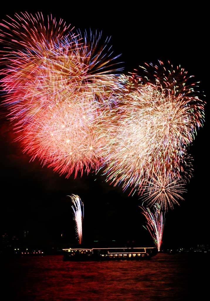 fotografia, materiale, libero il panorama, dipinga, fotografia di scorta,Baia di Tokio il grande fuochi artificiali, fuoco d'artificio, notte, lancio, uno-piede palla di fuoco d'artificio