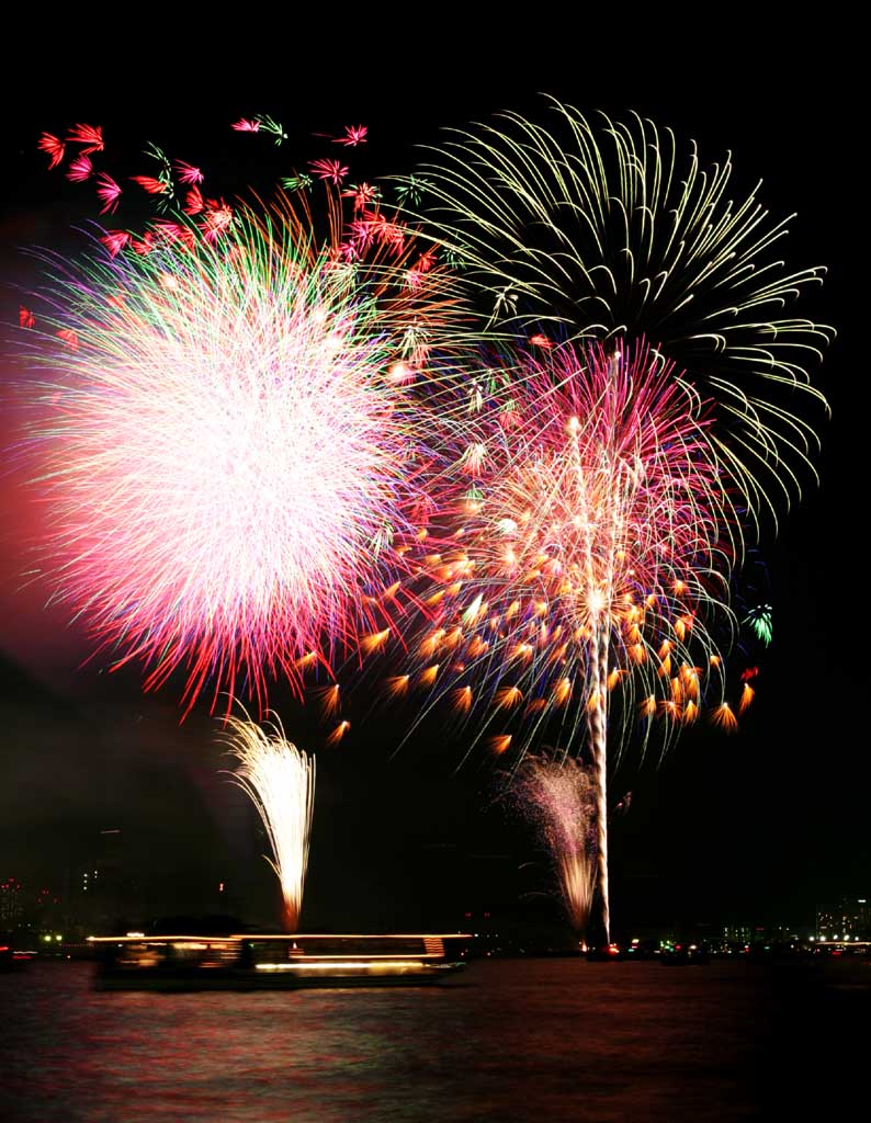 fotografia, materiale, libero il panorama, dipinga, fotografia di scorta,Baia di Tokio il grande fuochi artificiali, fuoco d'artificio, notte, lancio, uno-piede palla di fuoco d'artificio