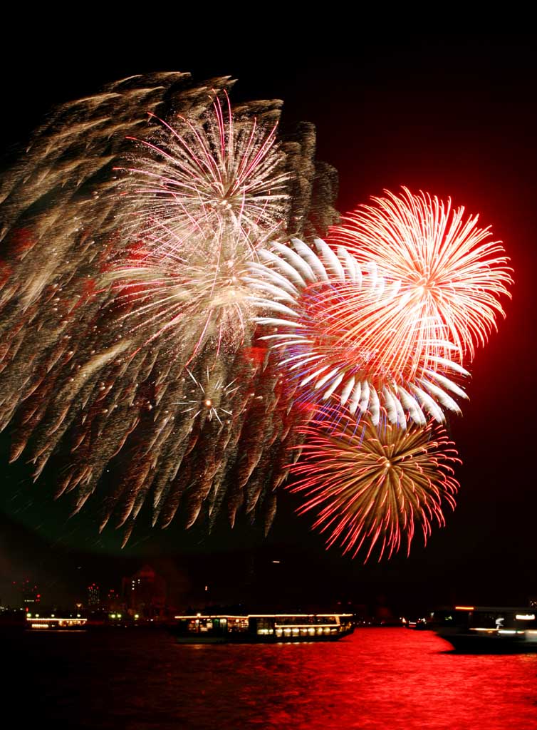 Foto, materieel, vrij, landschap, schilderstuk, bevoorraden foto,Tokio Bay Great Fireworks, Hoogstandje, Avond, Startschot, Een-voet hoogstandje bal