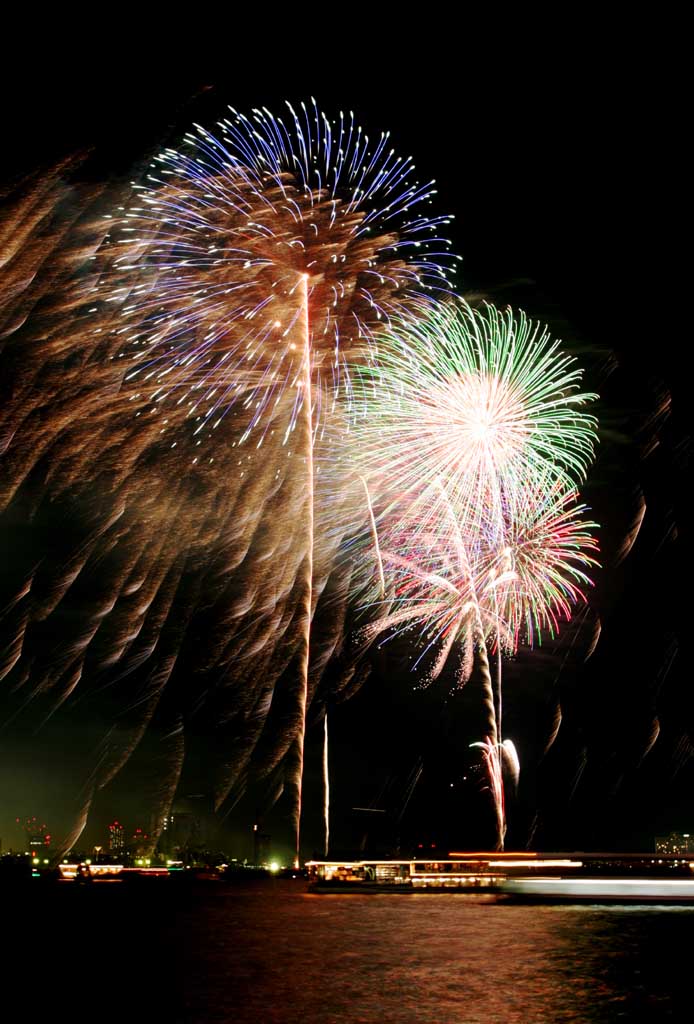 fotografia, materiale, libero il panorama, dipinga, fotografia di scorta,Baia di Tokio il grande fuochi artificiali, fuoco d'artificio, notte, lancio, uno-piede palla di fuoco d'artificio